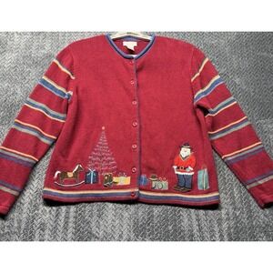 VTG Y2K Christopher & Banks Cowboy Santa Christmas Cardigan Sweater Women's L